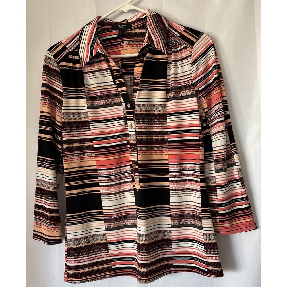 Alfani Black Pink‎ Beige White Color Block Top Stripe 3/4 Sleeves PS